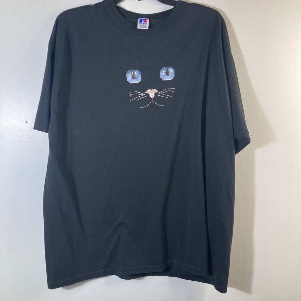 Womens Russell Athletics Cat Tee Shirt Cross Stitch Black Short Sleeve XL Polyes
